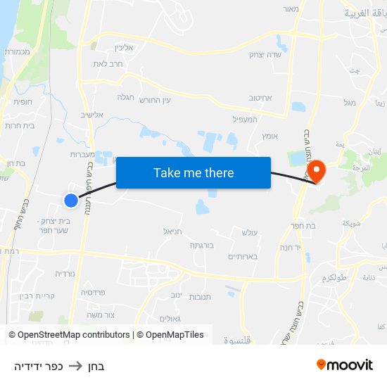 כפר ידידיה to בחן map