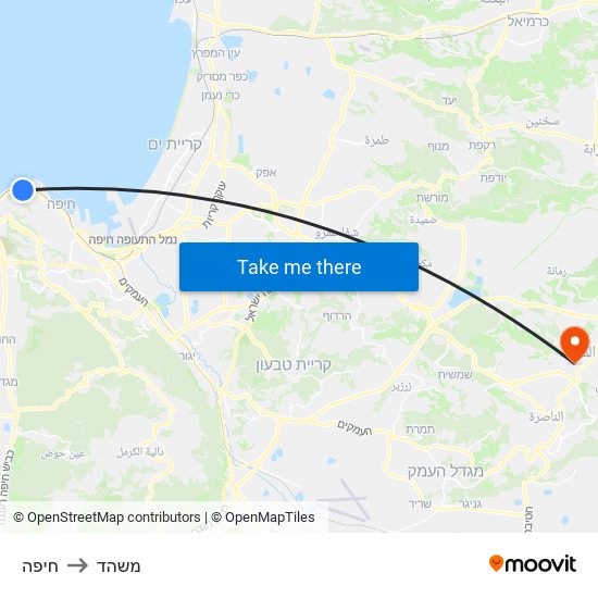 חיפה to משהד map