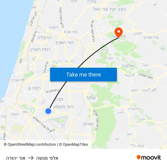 אור יהודה to אלפי מנשה map