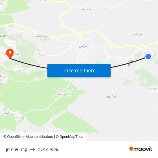 קרני שומרון to אלפי מנשה map