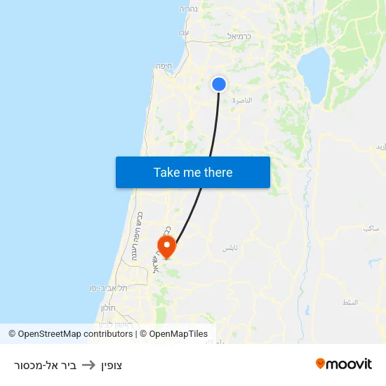 ביר אל-מכסור to צופין map