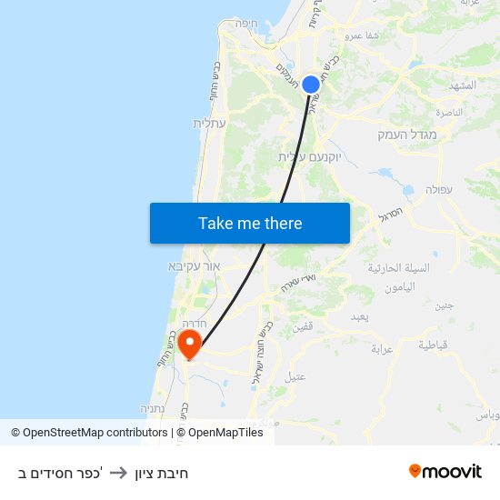 כפר חסידים ב' to חיבת ציון map