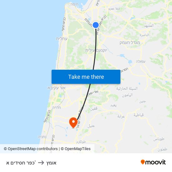 כפר חסידים א' to אומץ map