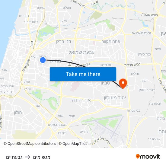 גבעתיים to מגשימים map