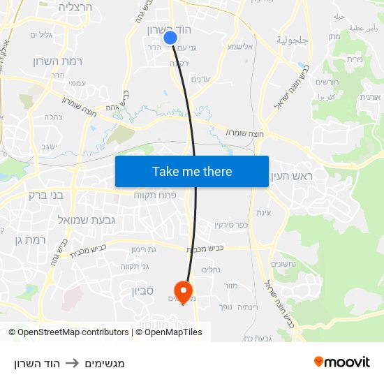 הוד השרון to מגשימים map