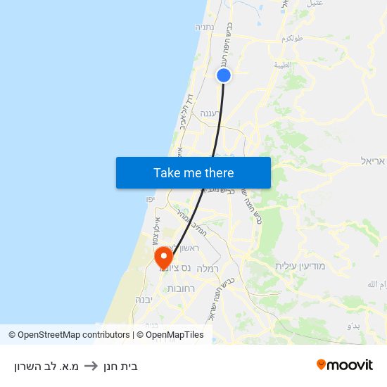 מ.א. לב השרון to בית חנן map