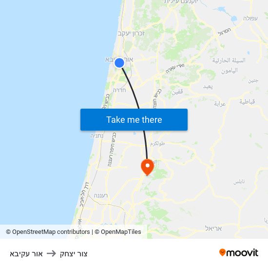 אור עקיבא to צור יצחק map