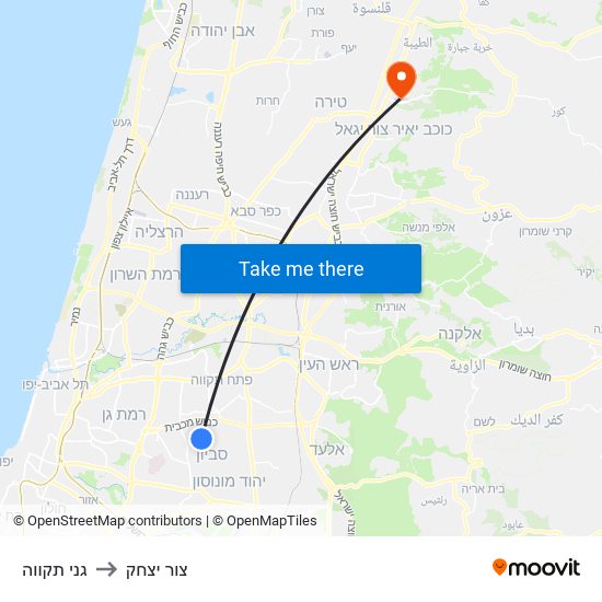 גני תקווה to צור יצחק map