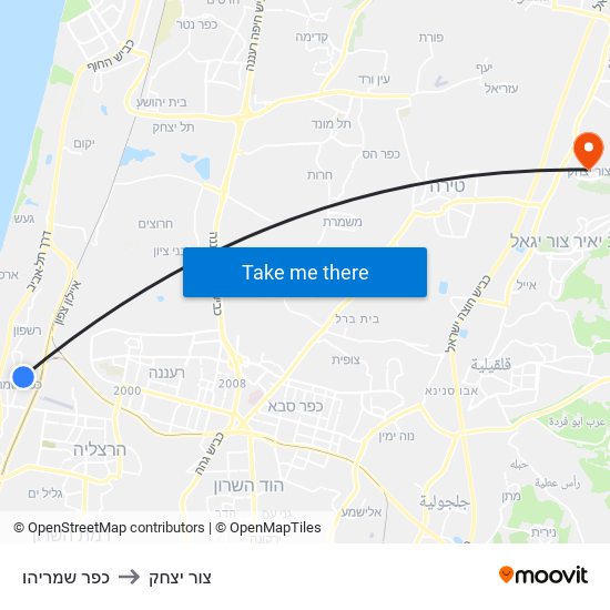 כפר שמריהו to צור יצחק map