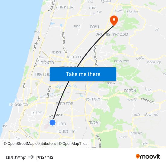 קריית אונו to צור יצחק map