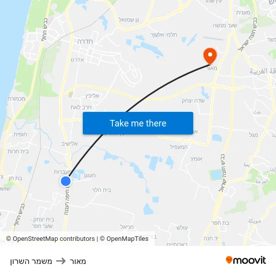 משמר השרון to מאור map