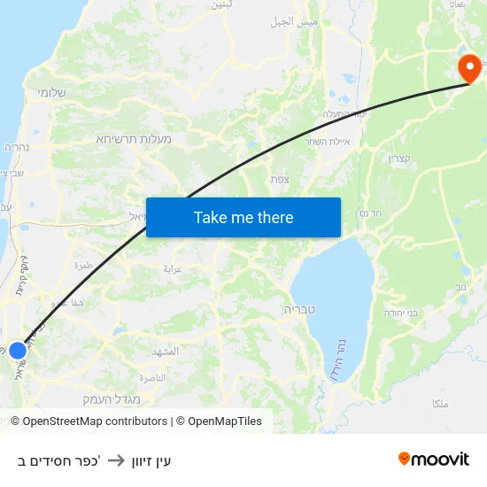 כפר חסידים ב' to עין זיוון map