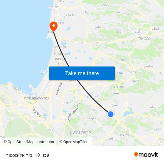 ביר אל-מכסור to עכו map