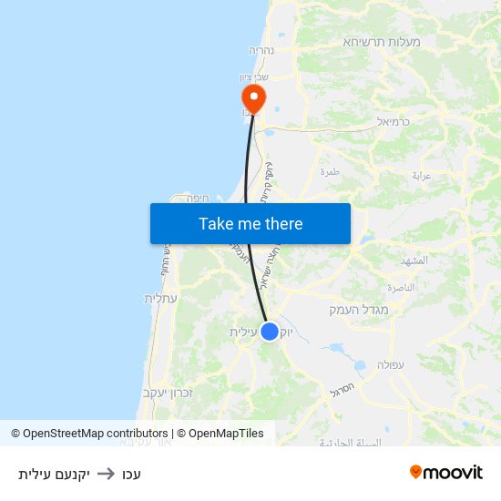 יקנעם עילית to עכו map