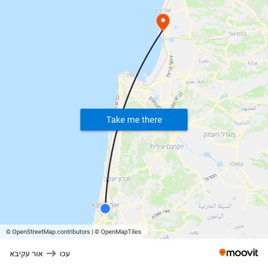 אור עקיבא to עכו map