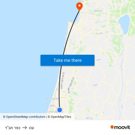 כפר חב"ד to עכו map