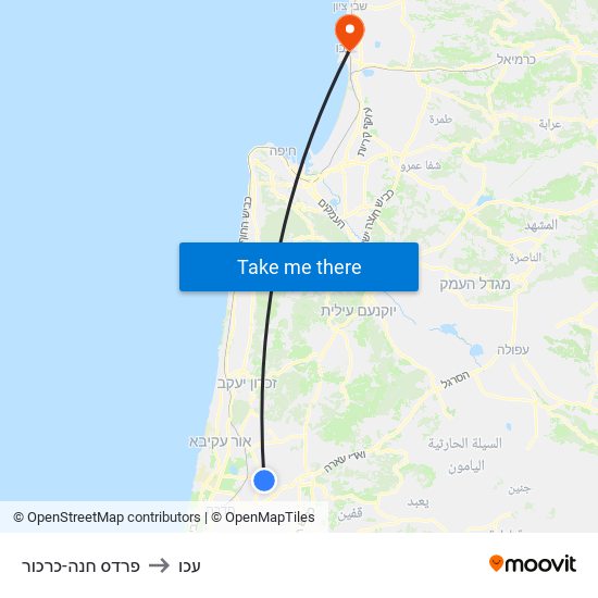 פרדס חנה-כרכור to עכו map