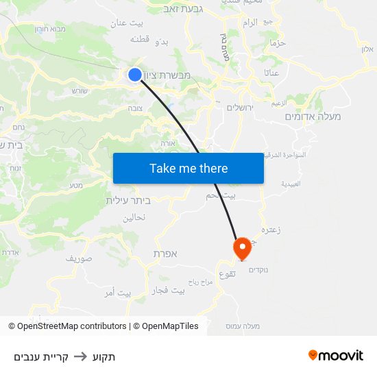 קריית ענבים to תקוע map