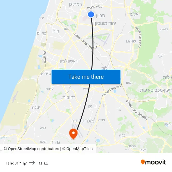 קריית אונו to ברנר map