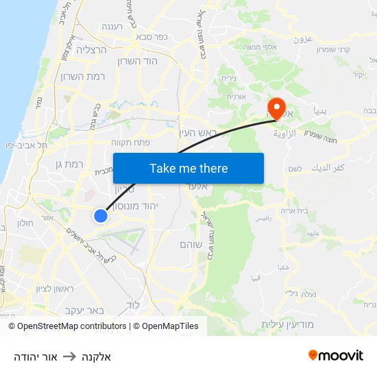 אור יהודה to אלקנה map