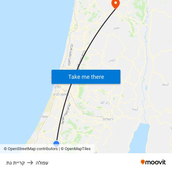 קריית גת to עפולה map