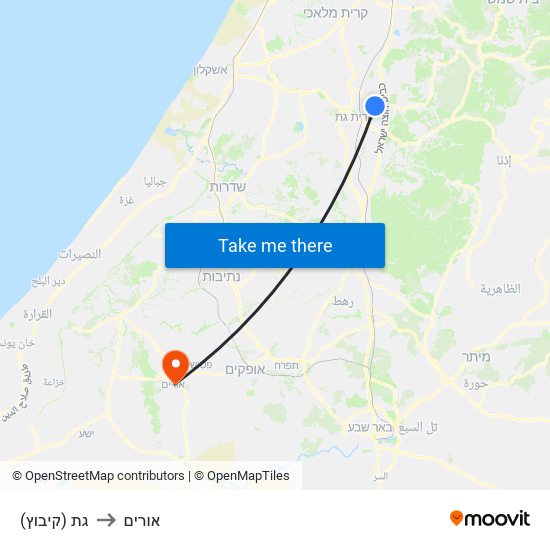 גת (קיבוץ) to אורים map