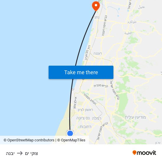 יבנה to צוקי ים map