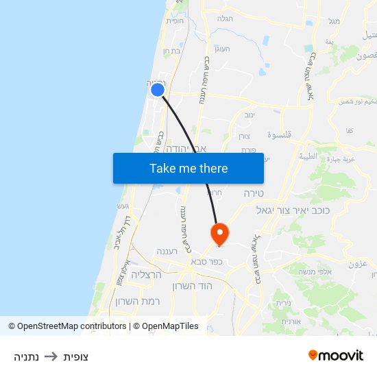 נתניה to צופית map