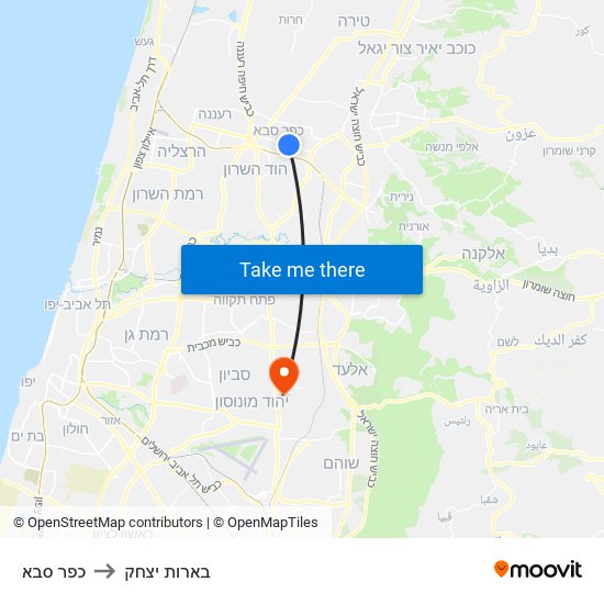 כפר סבא to בארות יצחק map