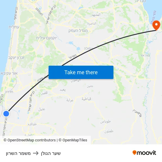 משמר השרון to שער הגולן map