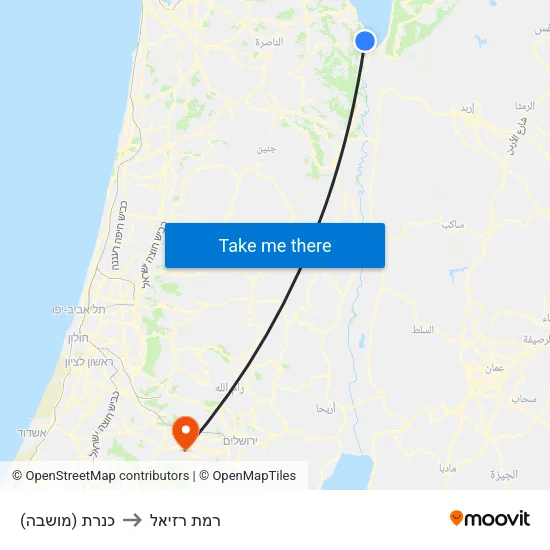 כנרת (מושבה) to רמת רזיאל map