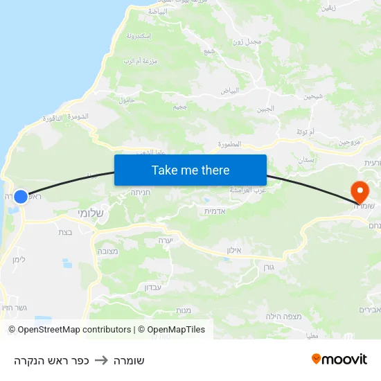 כפר ראש הנקרה to שומרה map