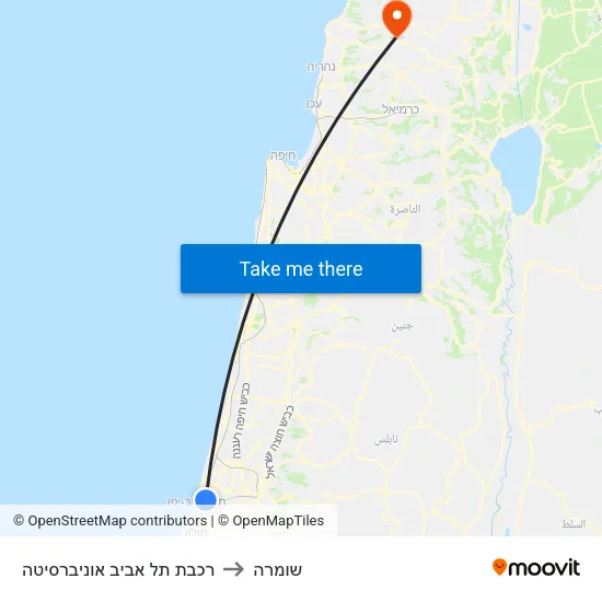 רכבת תל אביב אוניברסיטה to שומרה map