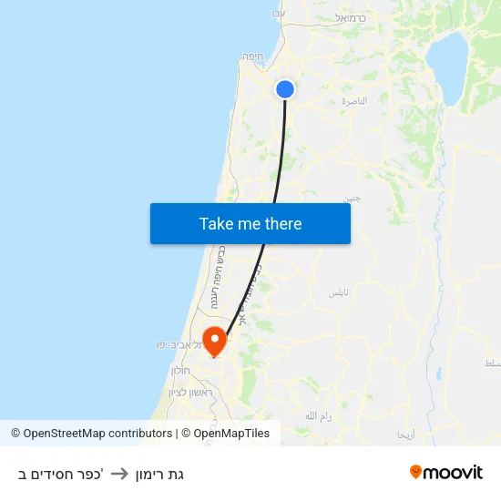 כפר חסידים ב' to גת רימון map