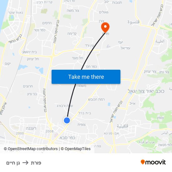 גן חיים to פורת map