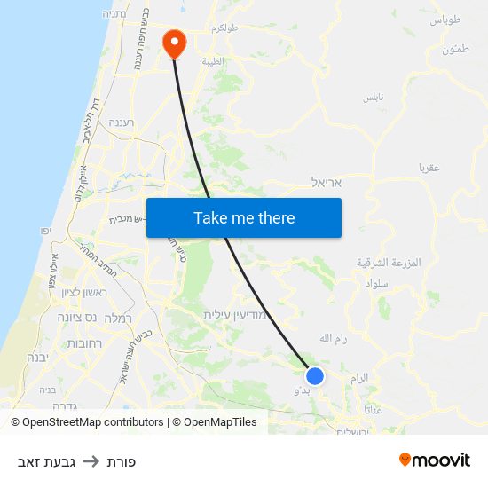 גבעת זאב to פורת map