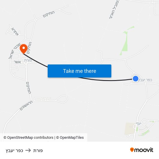 כפר יעבץ to פורת map