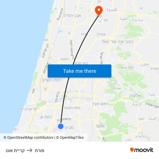 קריית אונו to פורת map