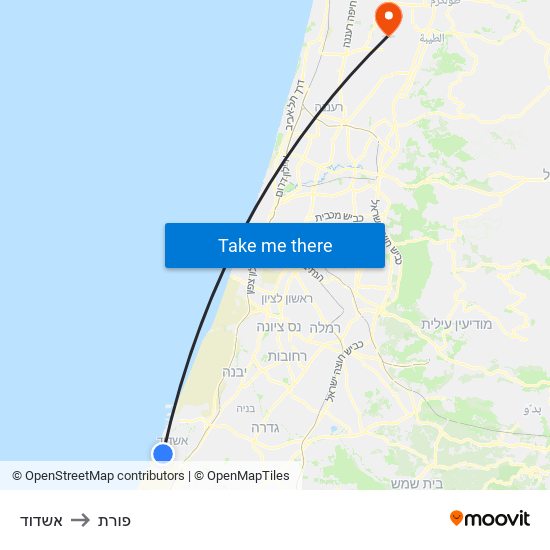 אשדוד to פורת map