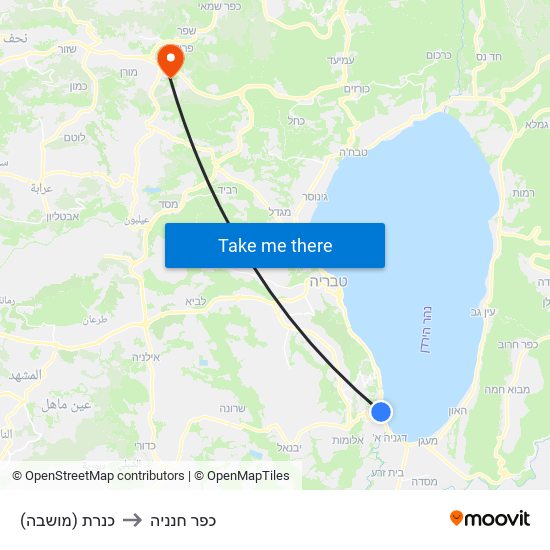 כנרת (מושבה) to כפר חנניה map