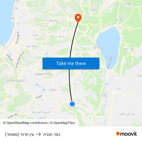 עין חרוד (מאוחד) to כפר חנניה map