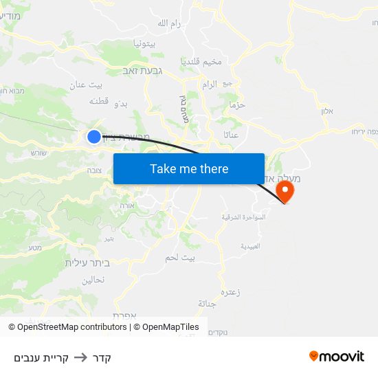 קריית ענבים to קדר map