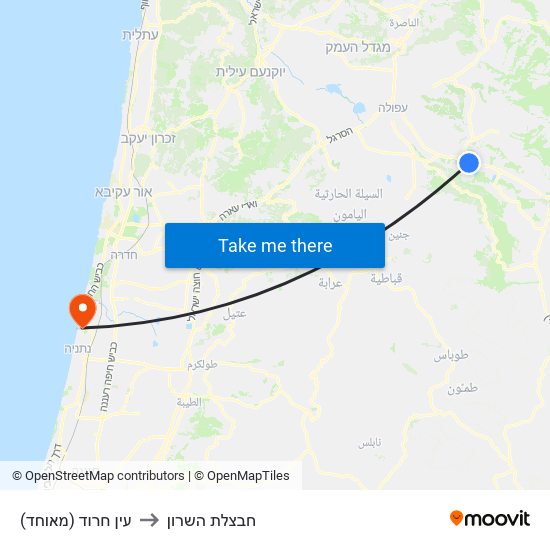 עין חרוד (מאוחד) to חבצלת השרון map