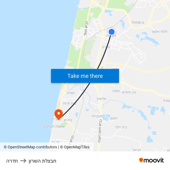 חדרה to חבצלת השרון map