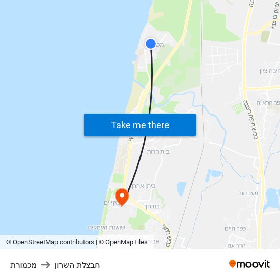 מכמורת to חבצלת השרון map