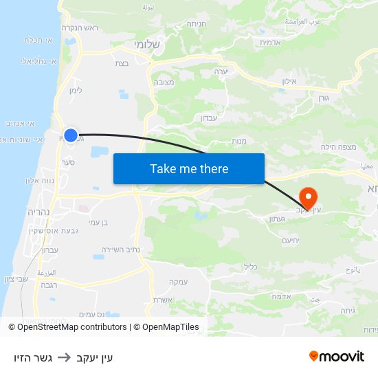 גשר הזיו to עין יעקב map