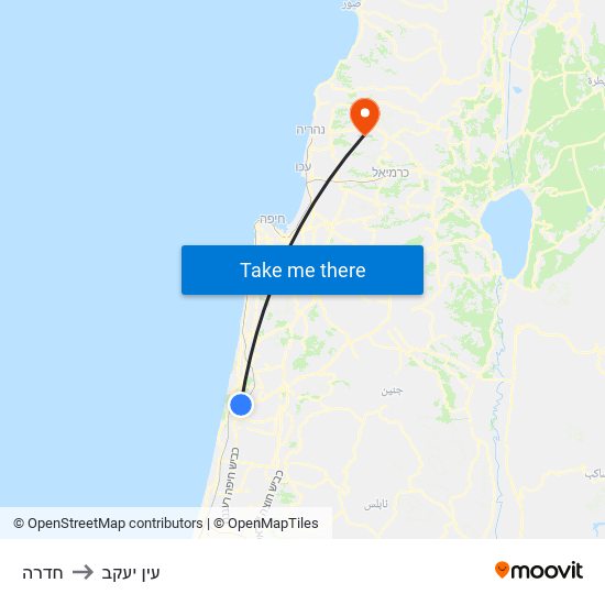 חדרה to עין יעקב map