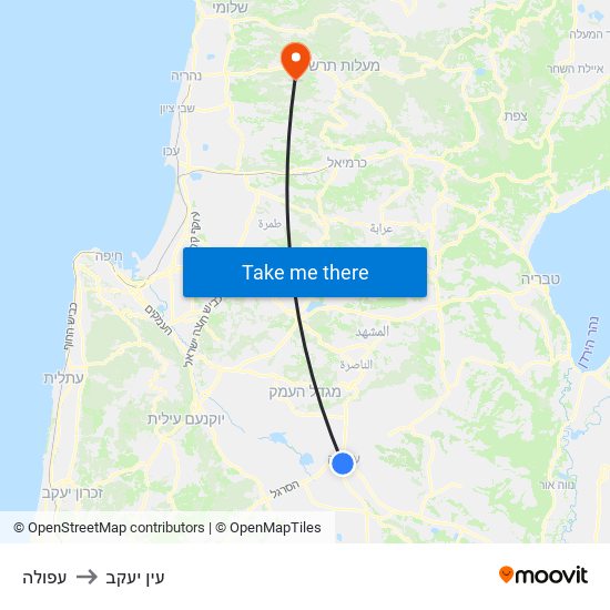 עפולה to עין יעקב map
