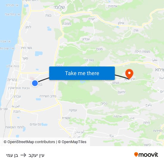 בן עמי to עין יעקב map