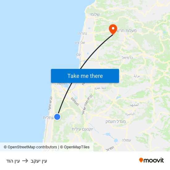 עין הוד to עין יעקב map